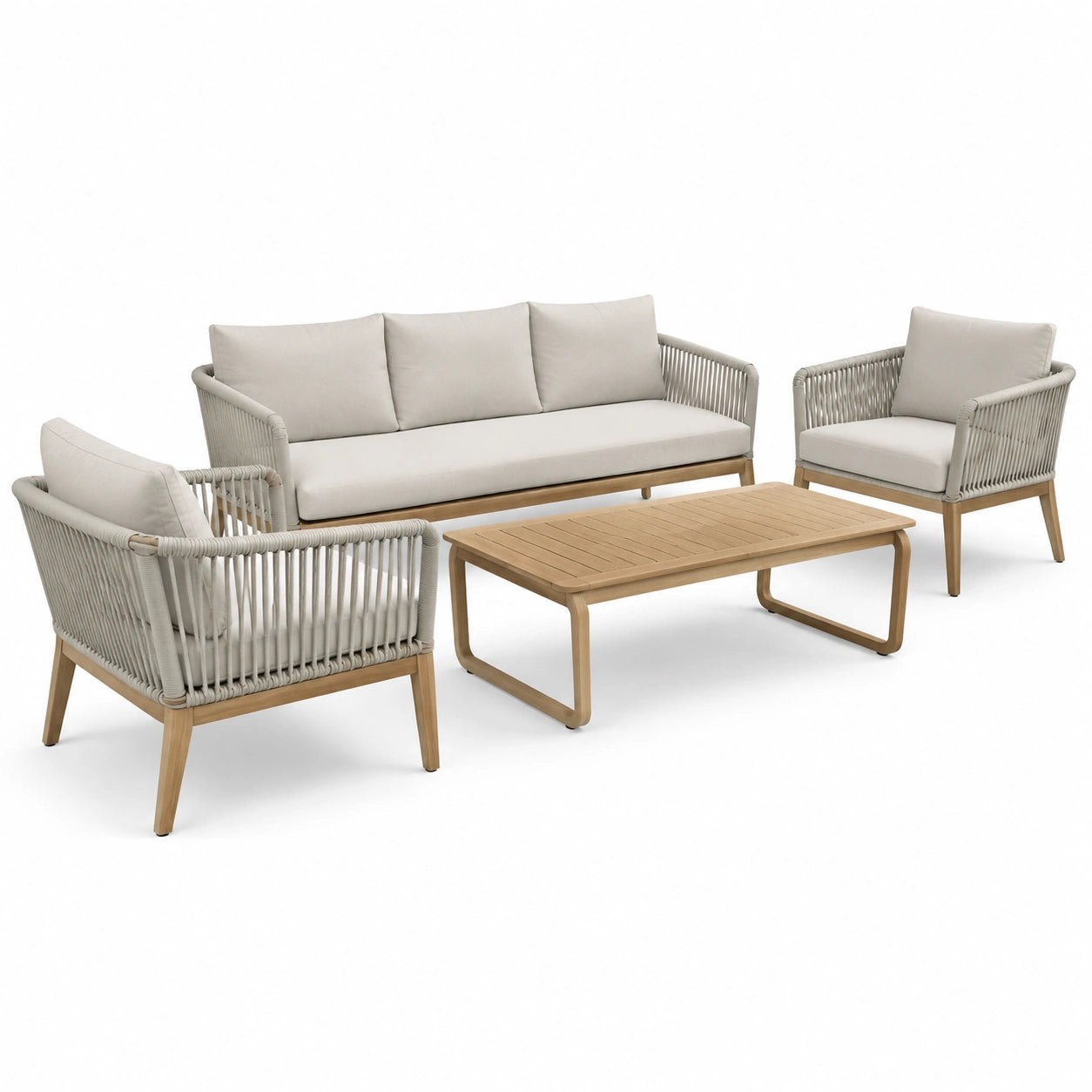Set da esterno in legno e corda beige chiaro con divano, poltrone e tavolino