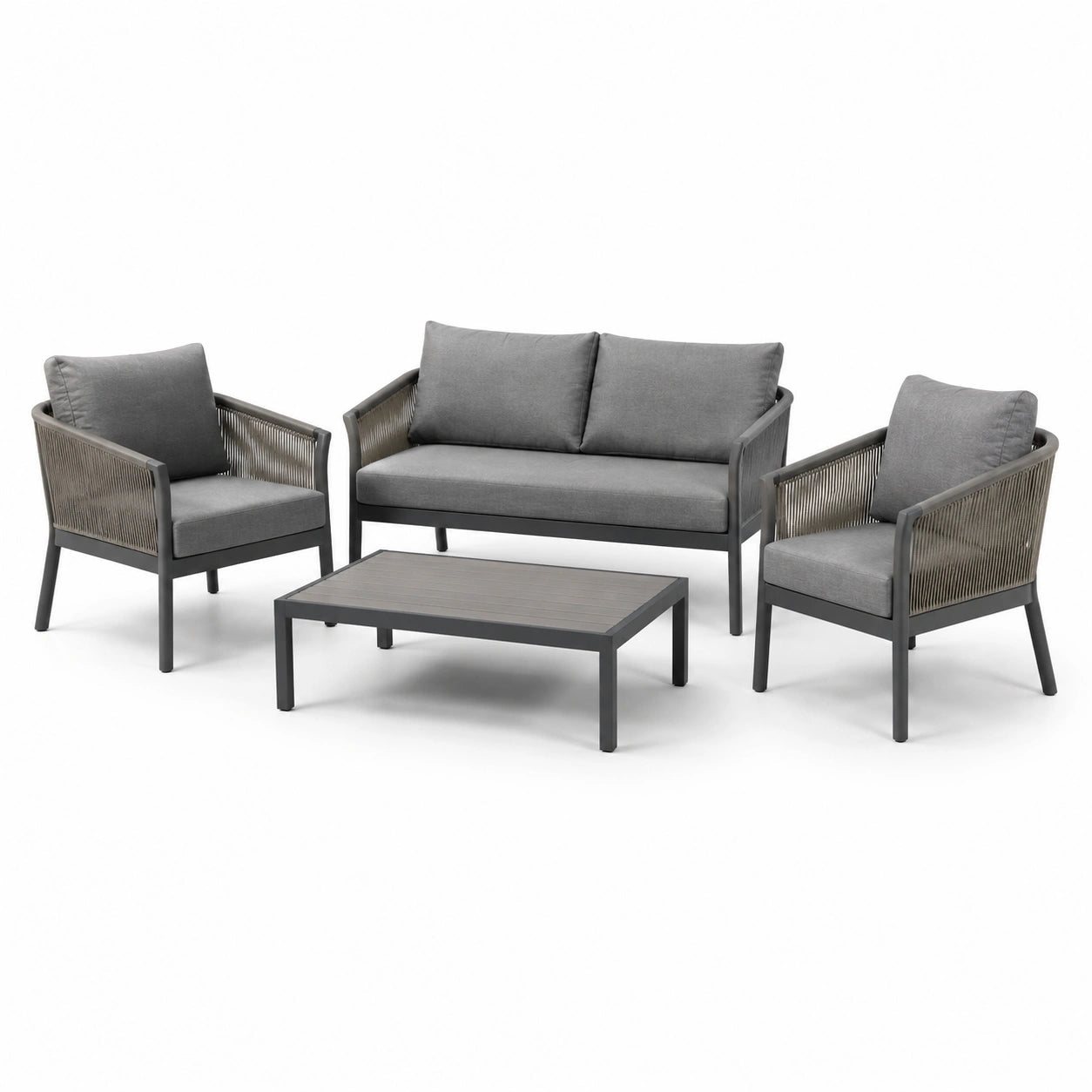 Set salotto da esterno in metallo grigio con cuscini