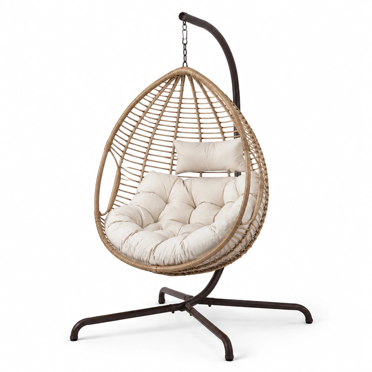 Sedia sospesa in rattan sintetico con cuscini beige