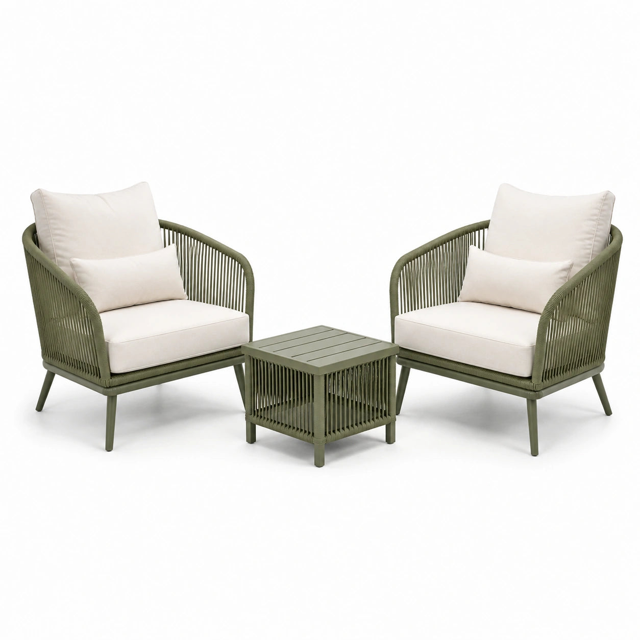 Set da giardino in metallo e corda verde con cuscini bianchi